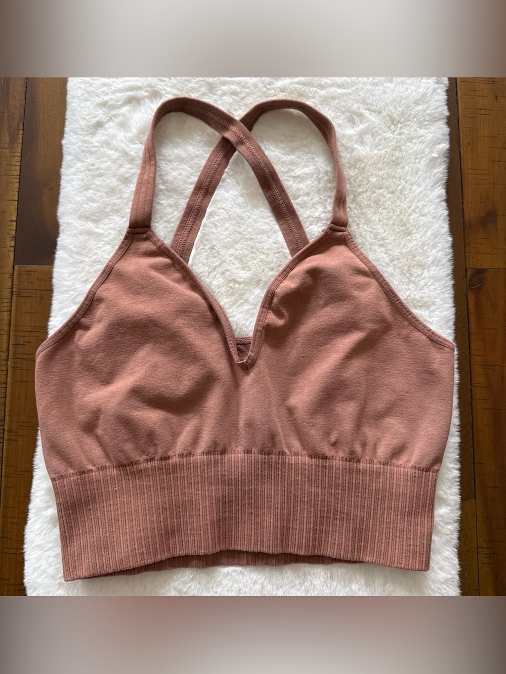 FREE PEOPLE Good Karma Crop Top Tank Bra Ribbed V Neck RUST Activewear Yoga M/ L